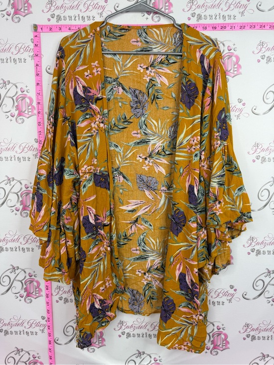 Sweaters - Kimono cardigan floral flowers yellow Mustard Floral Ruffle Sleeve Kimono